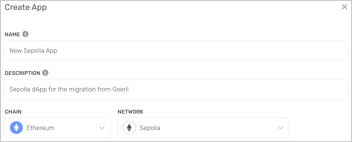 Alchemy dashboard: creating a new app on the Sepolia network