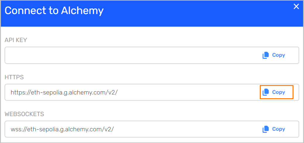 Alchemy app view key dialog: copying the Sepolia RPC HTTPS URL