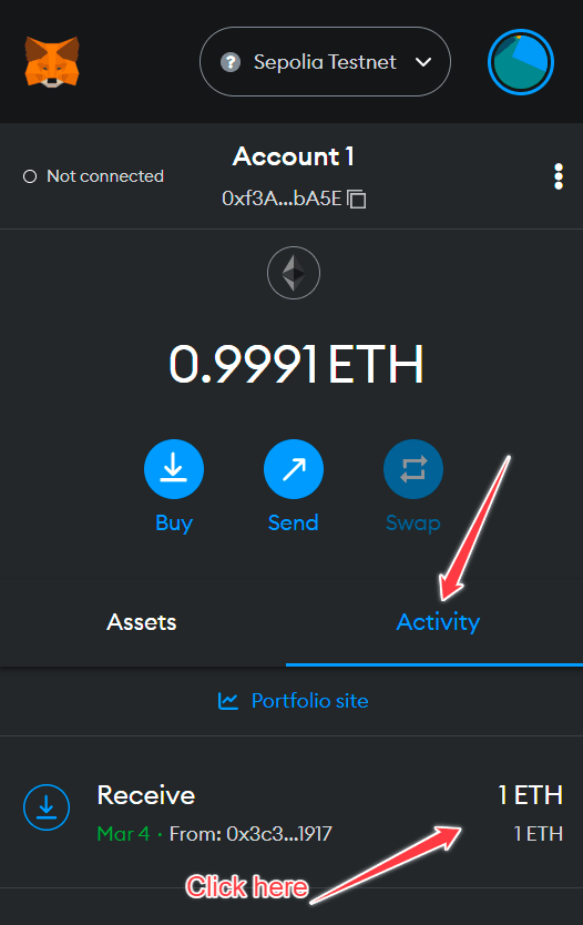 MetaMask activity tab showing the Sepolia faucet deposit transaction