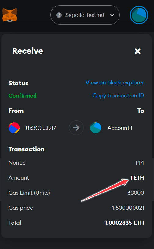 MetaMask wallet balance showing 1 Sepolia ETH received from the faucet