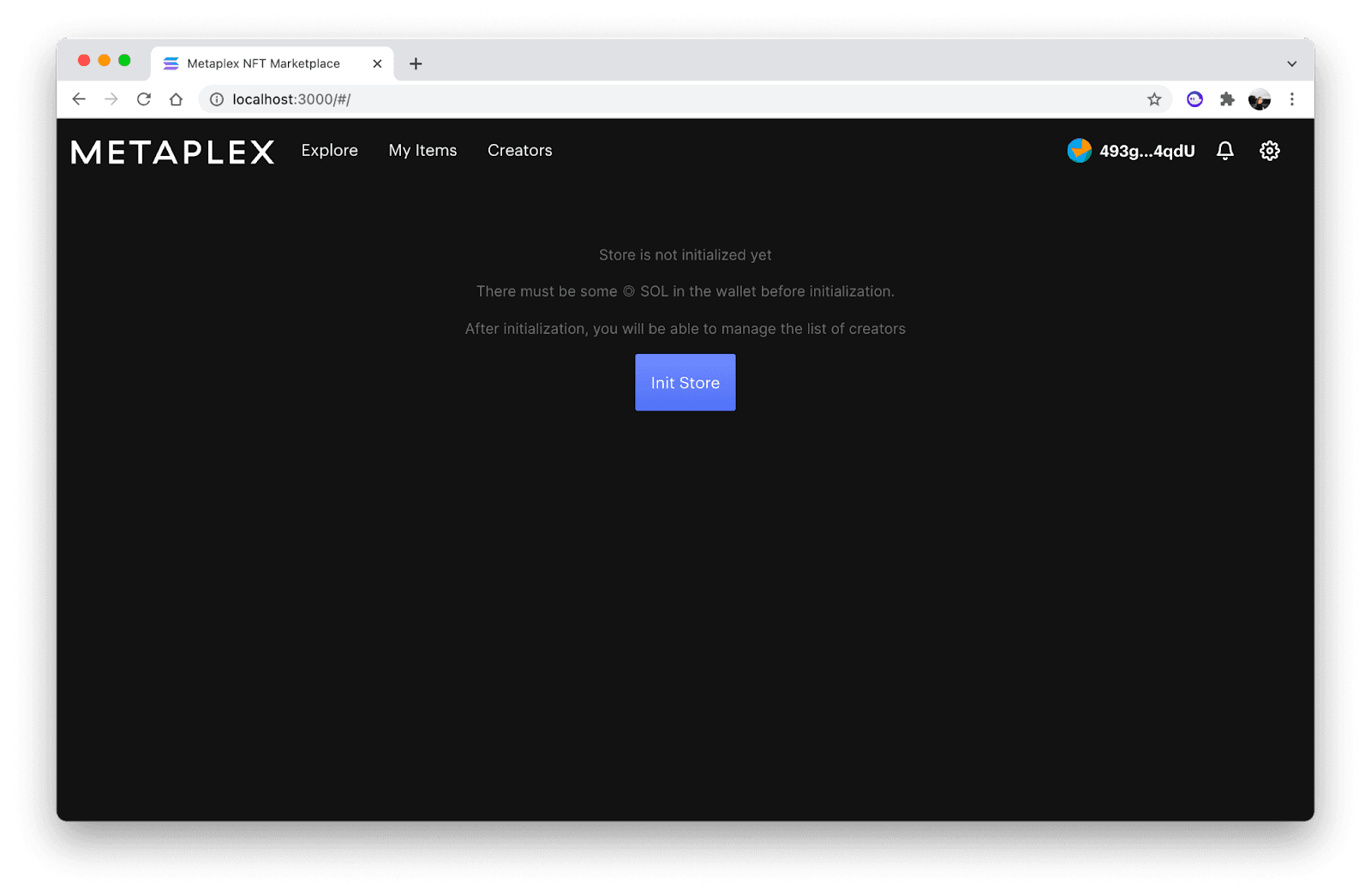 Metaplex Storefront setup page with the Init Store button