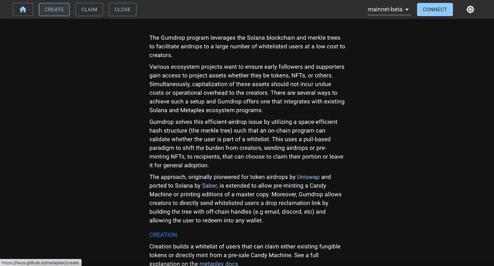 Gumdrop airdrop UI with Create, Claim, and Close actions