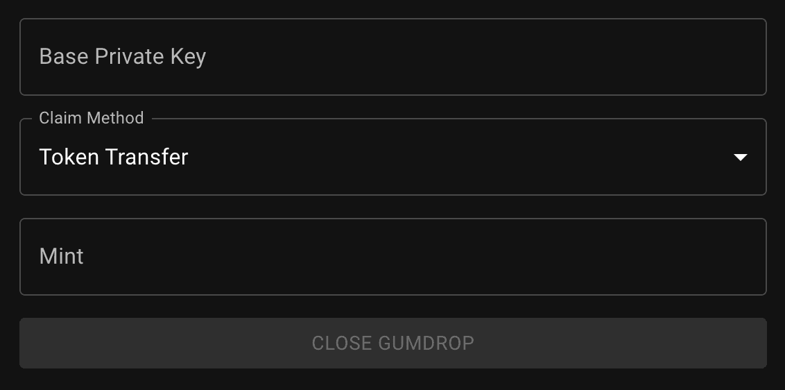 Gumdrop Close page for deleting an existing airdrop