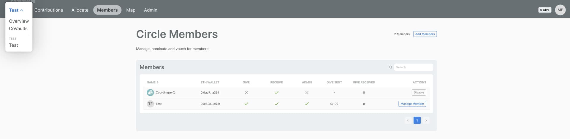 Coordinape DAO Project Management Tool - Circle Members Dashboard
