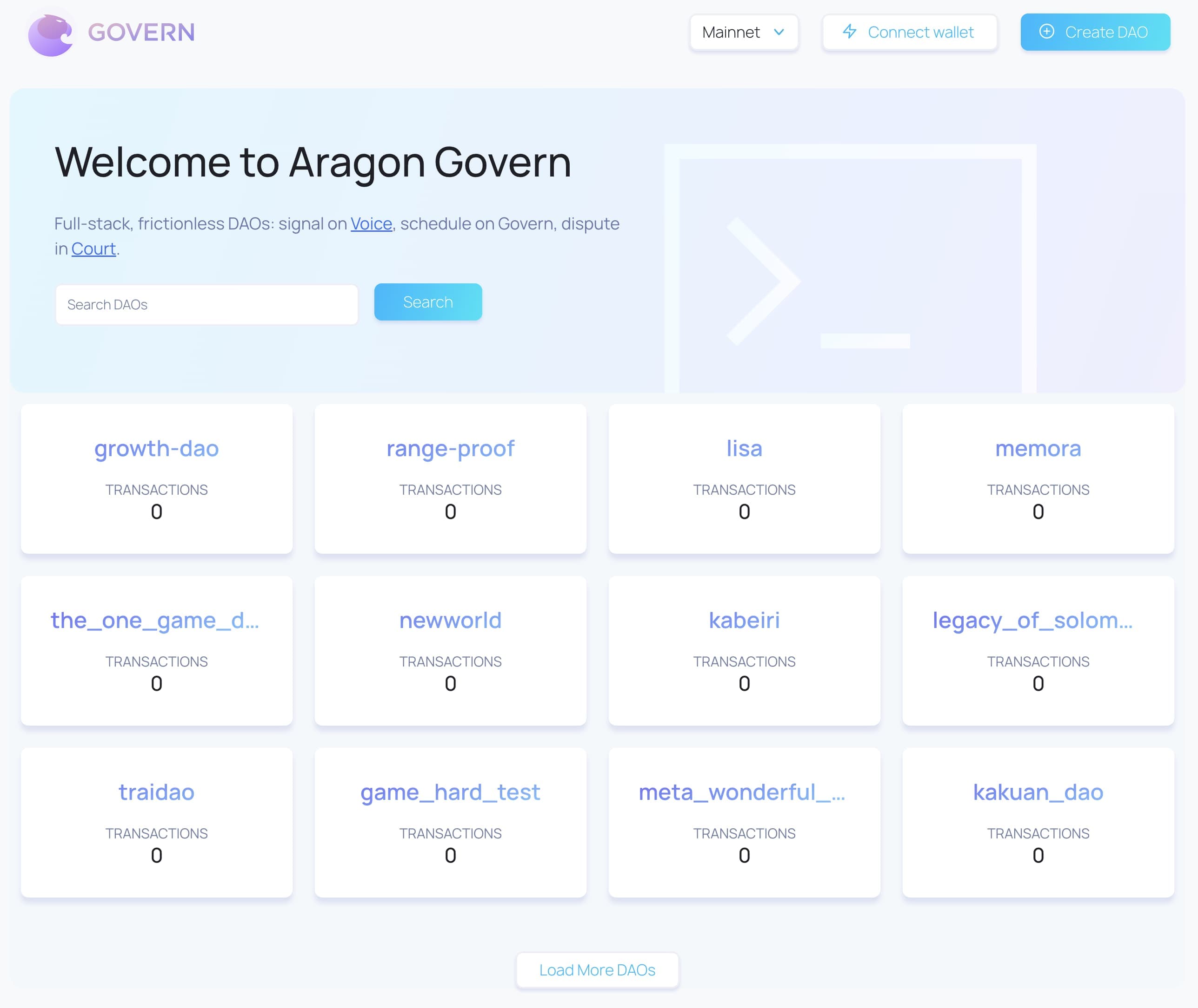 Aragon Govern website with the Create DAO button in the top-right
