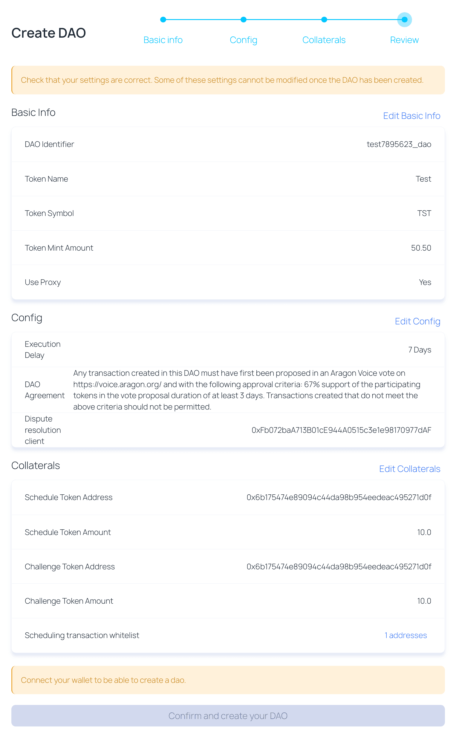 Aragon Govern DAO Creation Tool - Confirm and Create Your DAO