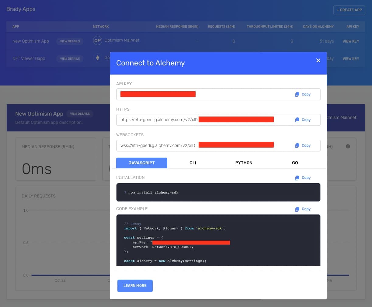 Alchemy dashboard: creating a new app and copying the API key