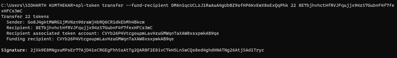 Terminal output from the spl-token transfer command sending tokens to a Phantom wallet