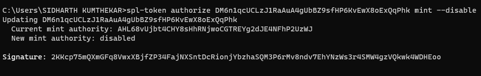 Terminal output after disabling the SPL token mint authority