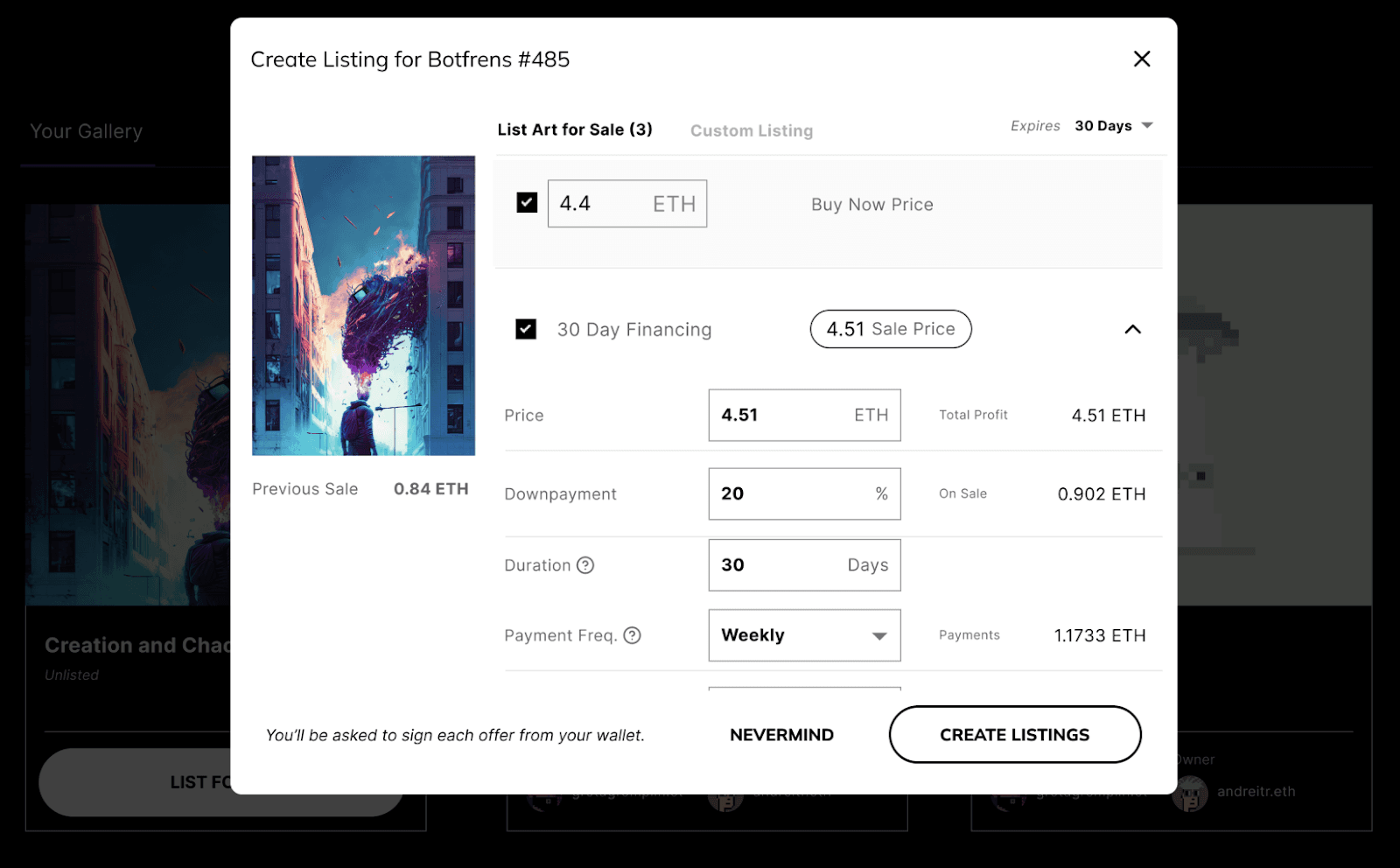 The NFT owner defines their payment terms including the sale price, buy now price, down payment, duration, payment frequency, and interest rate.