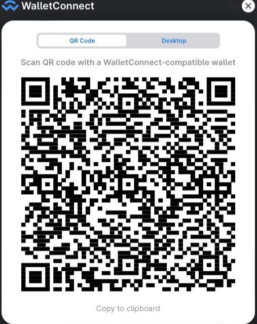 Wallet selection modal: choosing WalletConnect to show a QR code