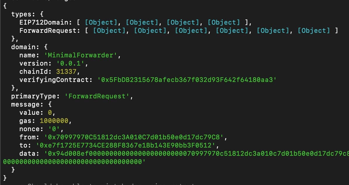 Sample meta transaction message for minting an NFT, showing the from address and call data