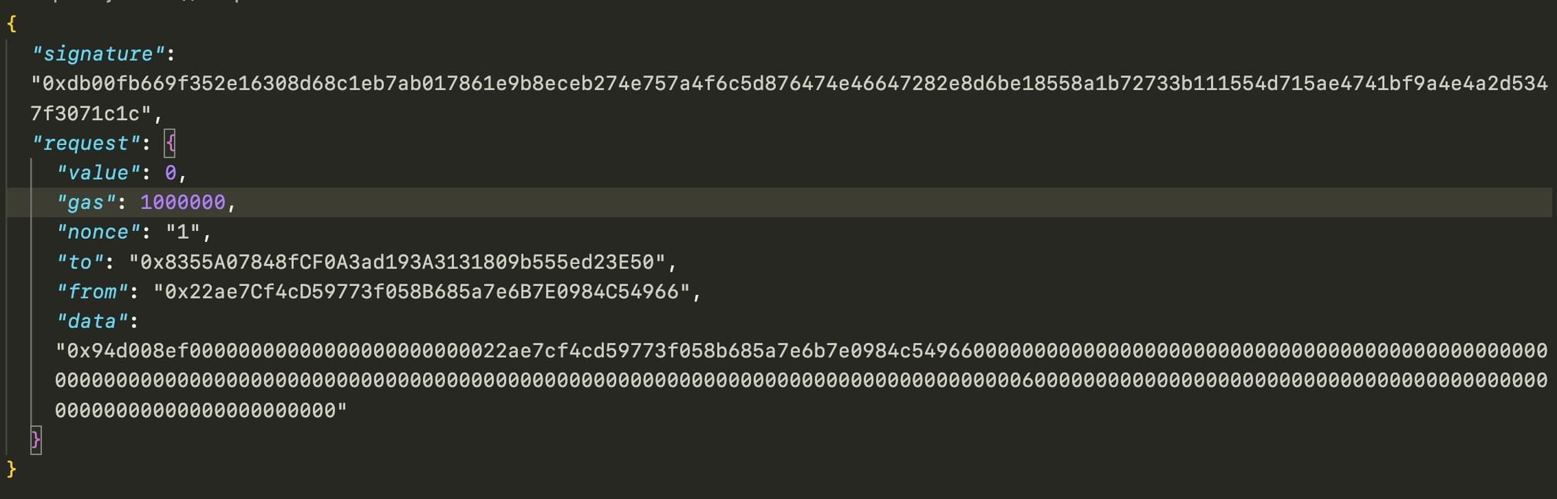 Meta transaction POST request payload sent to the Autotask relayer webhook