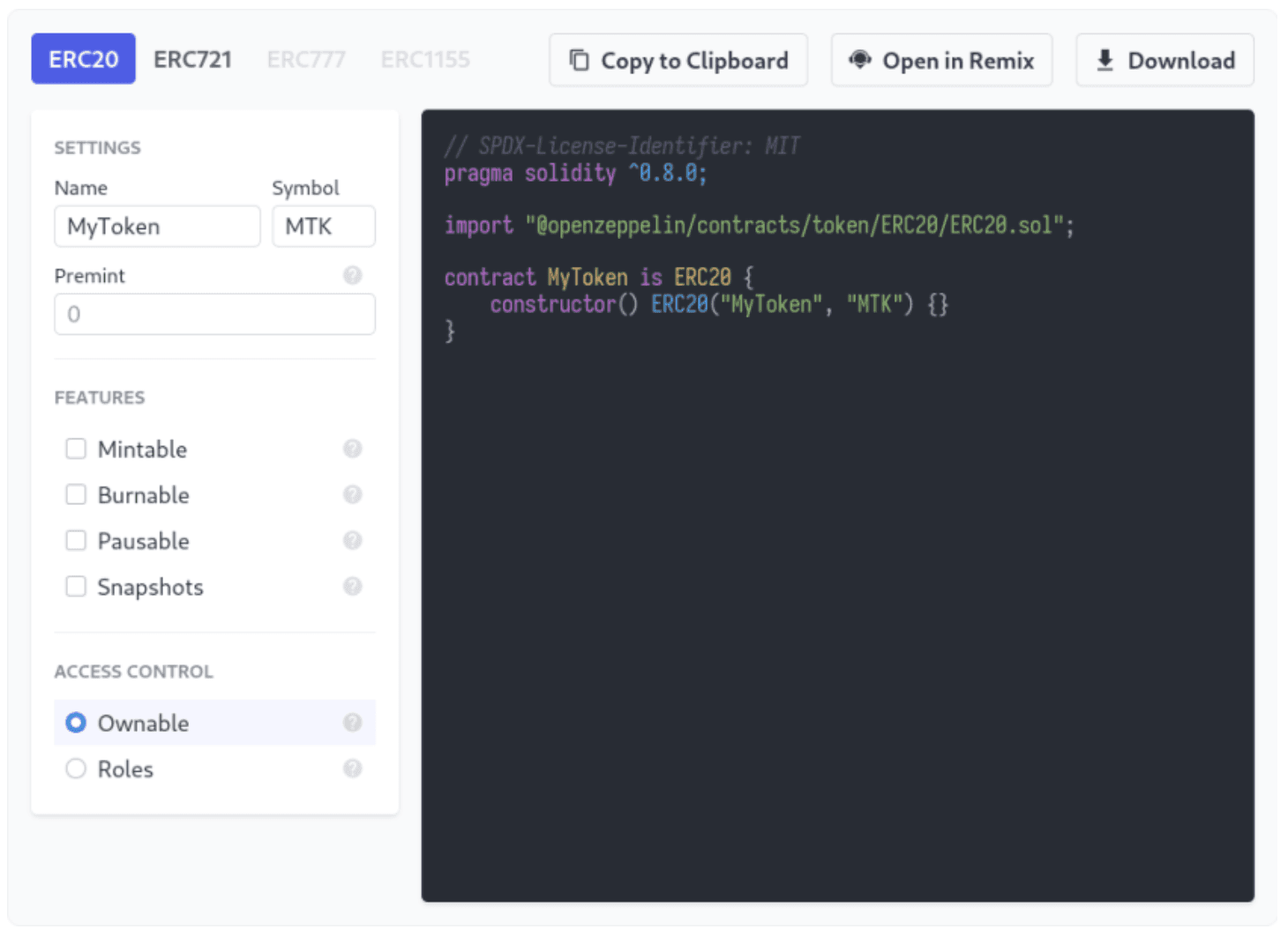 OpenZeppelin Contracts Wizard interface for generating smart contract code