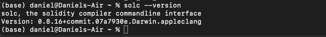Terminal output verifying a successful Solidity compiler install on macOS