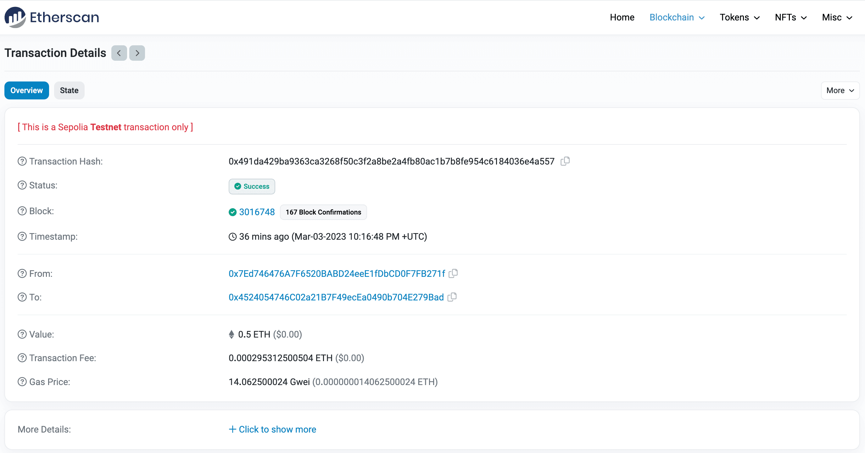 Sepolia Etherscan transaction details page showing fee and gas burnt