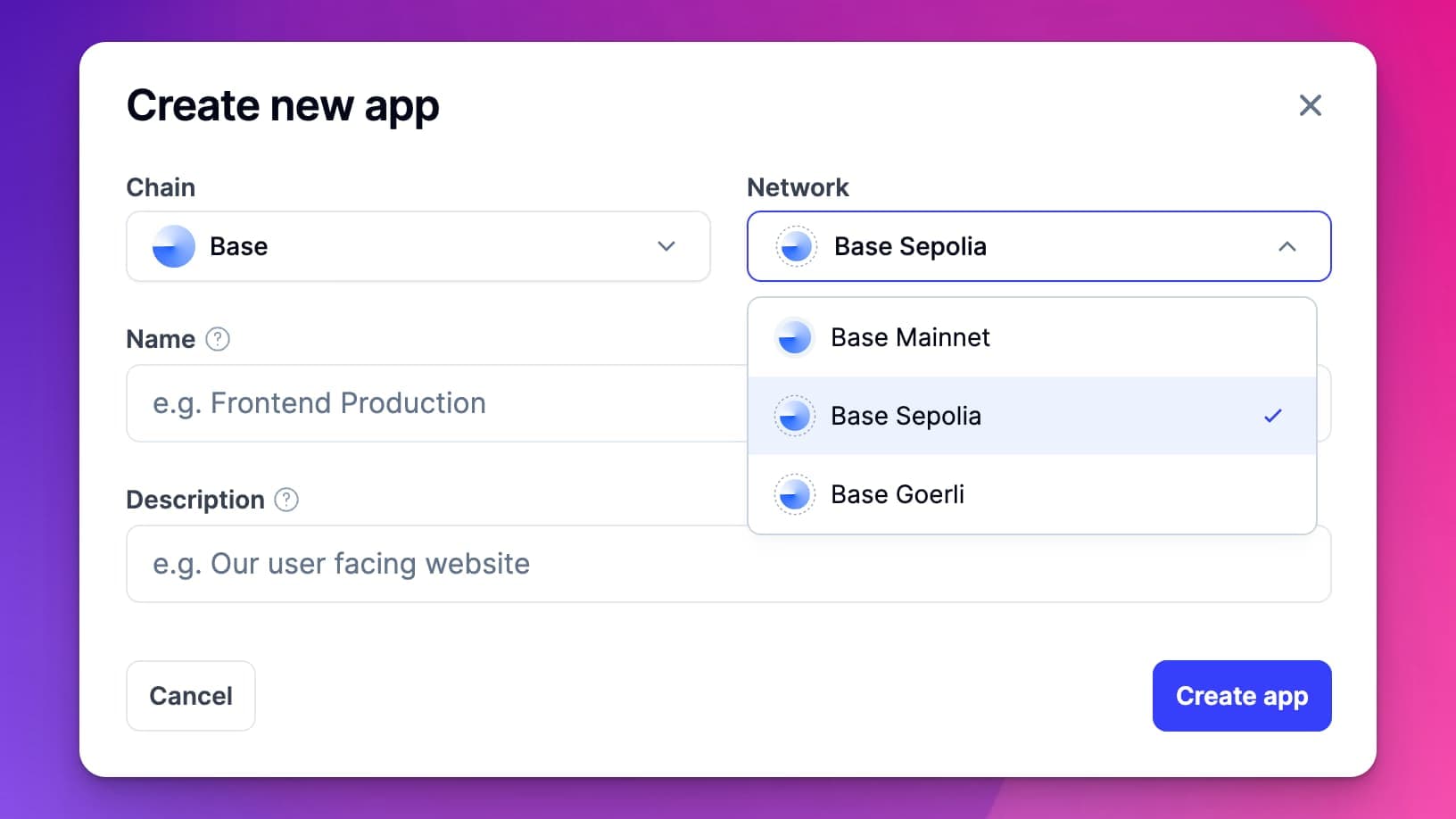 Step 2: Choose the Base Sepolia Network