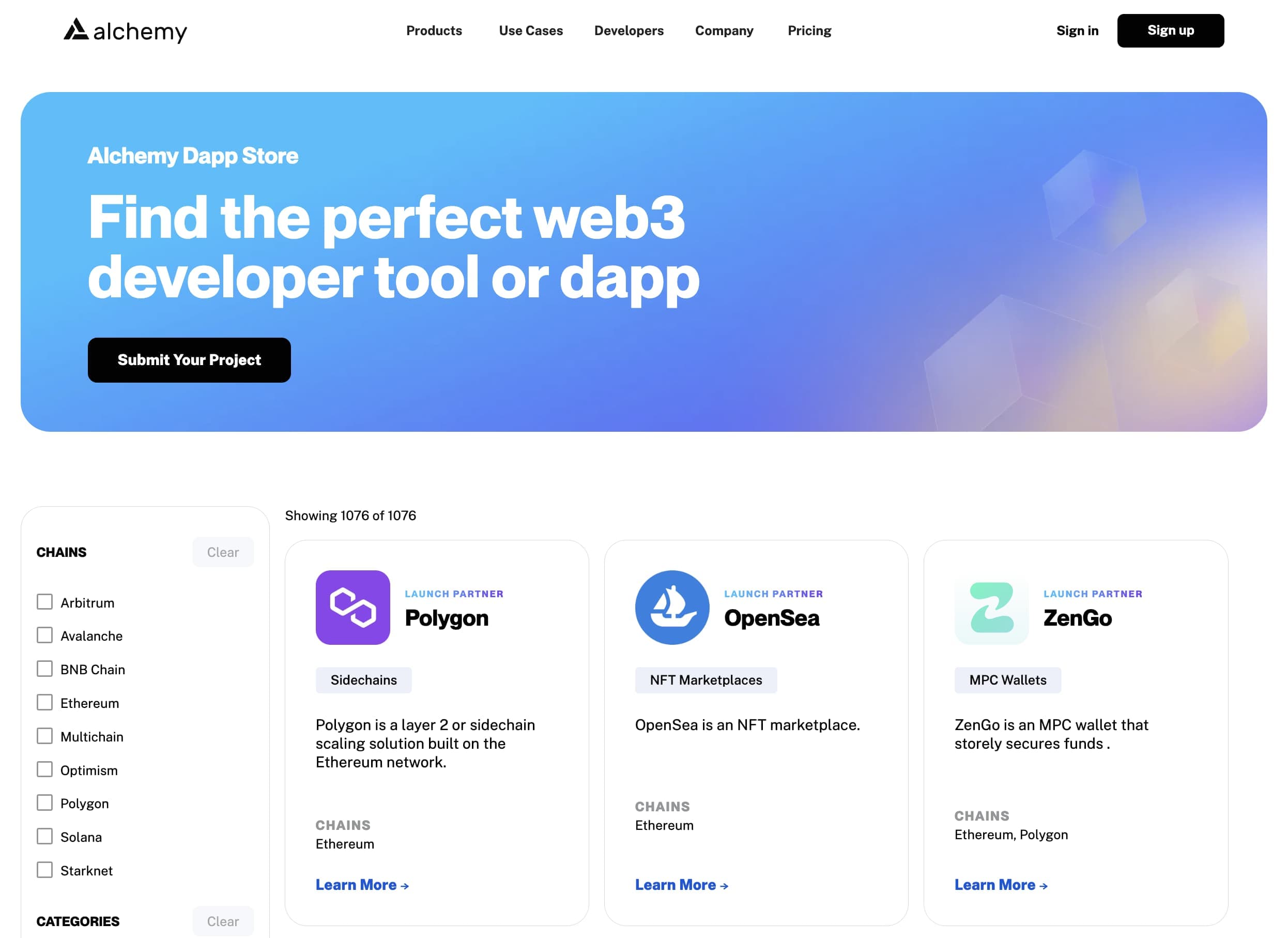 Alchemy Dapp Store where users can filter apps and developer tools by chain and category.