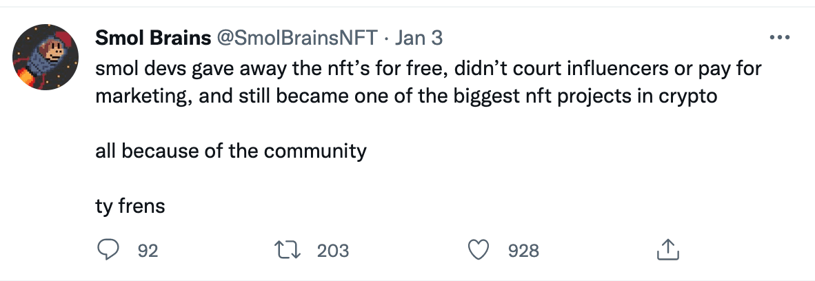 Smol Brains tweet announcing a free NFT giveaway as a launch marketing strategy