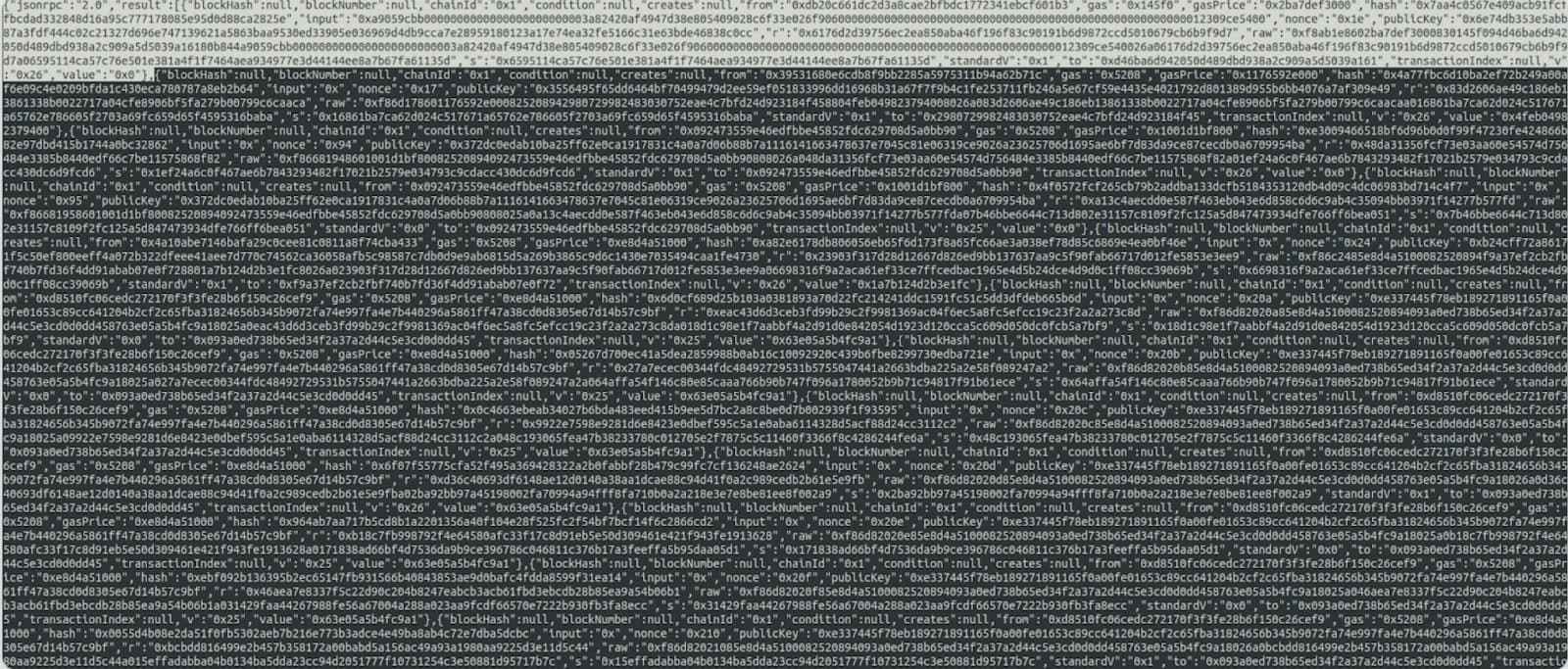 Raw JSON response from a mempool status request, dense and hard to read