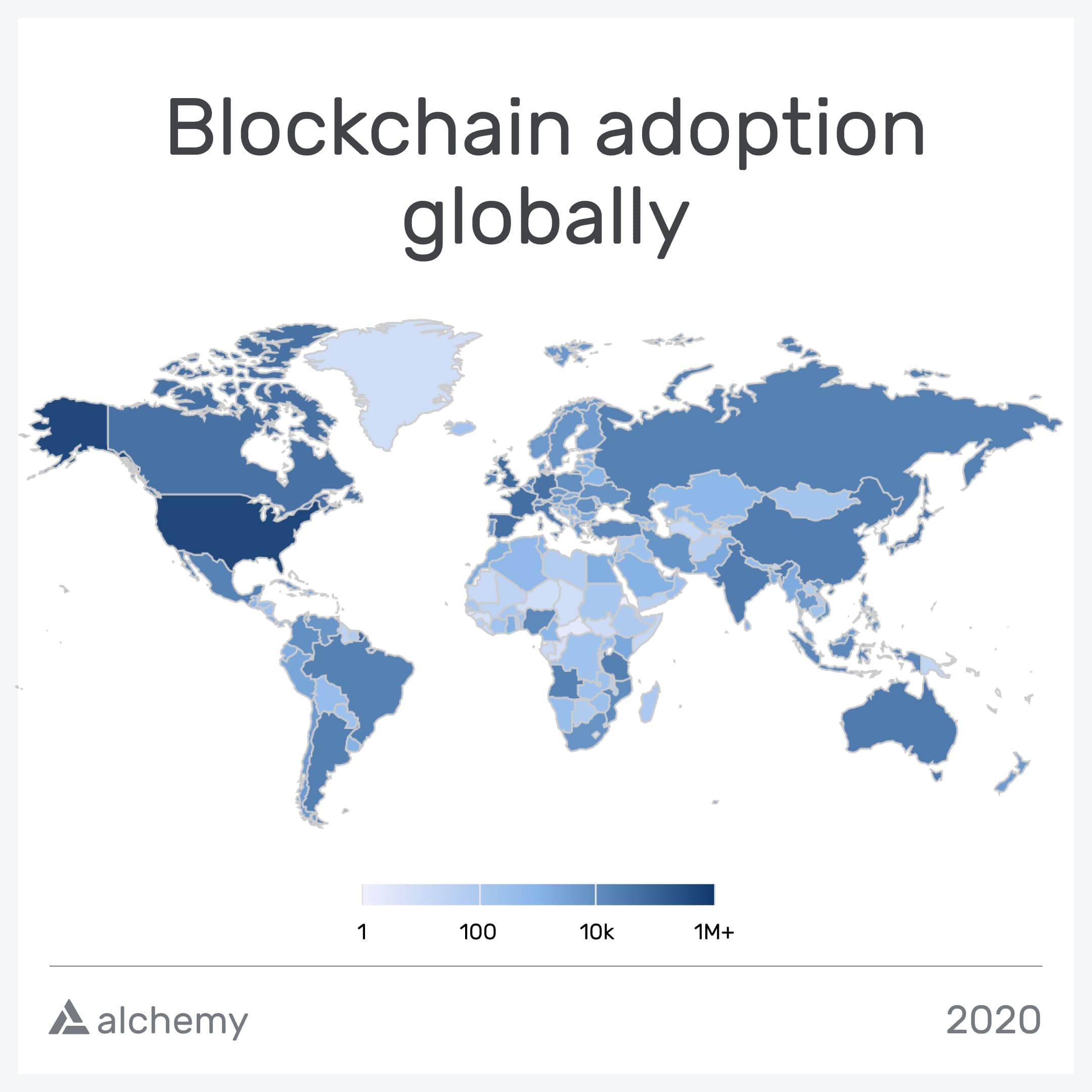 World map showing global blockchain developer activity on Alchemy in 2020