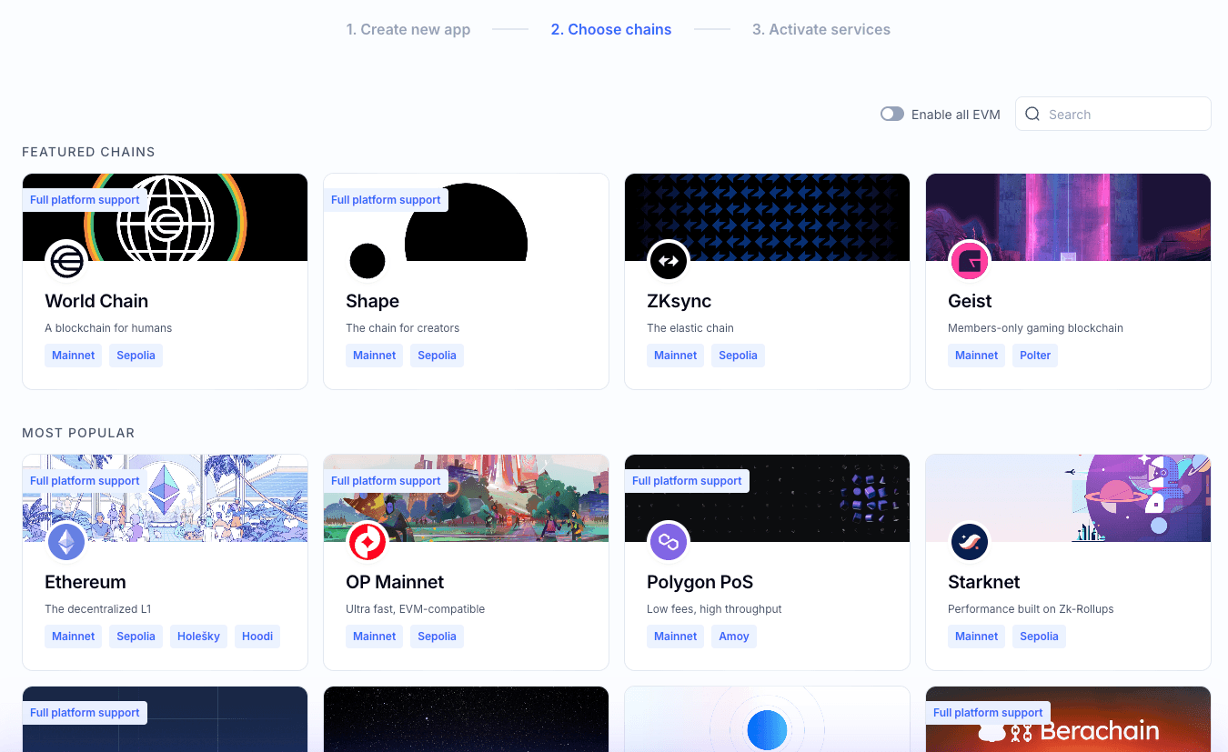 Alchemy app setup: selecting the desired blockchain and network