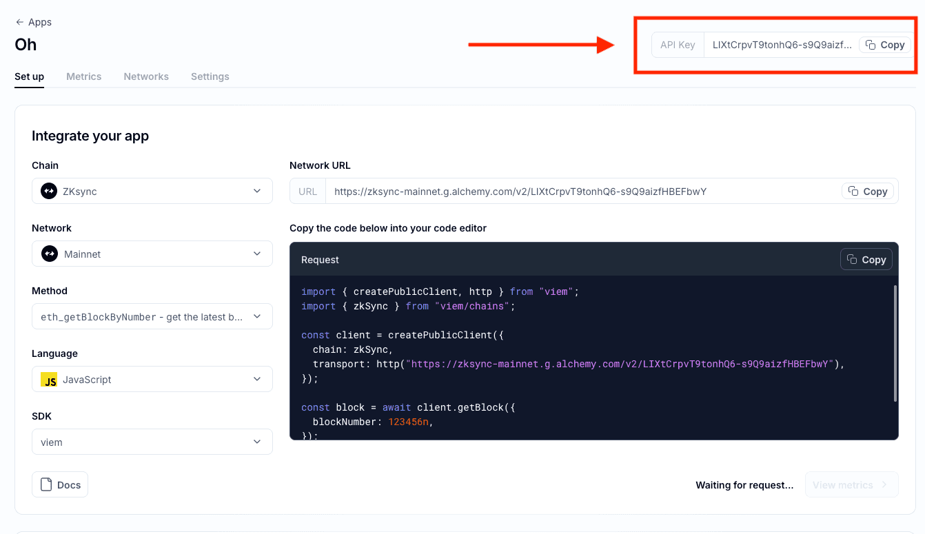 Alchemy dashboard: using the View Key button to copy the RPC node URL