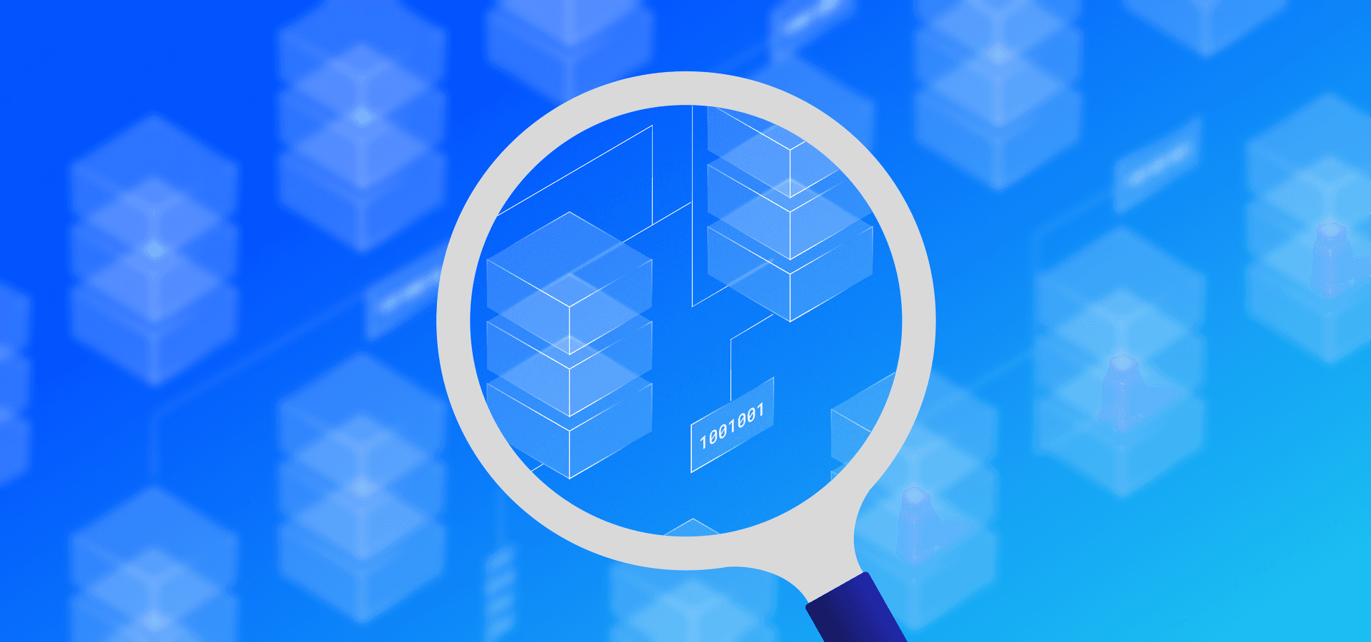 A graphic showing a magnifying glass looking at block data