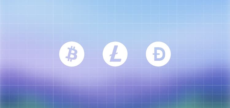 Bitcoin, Litecoin, and Dogecoin icons on a gradient grid background