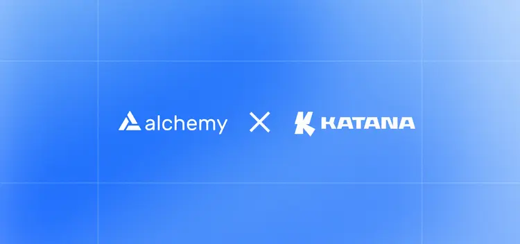 Alchemy and Katana logos on a blue gradient background