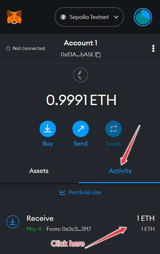 Open the Activity Tab in Metamask