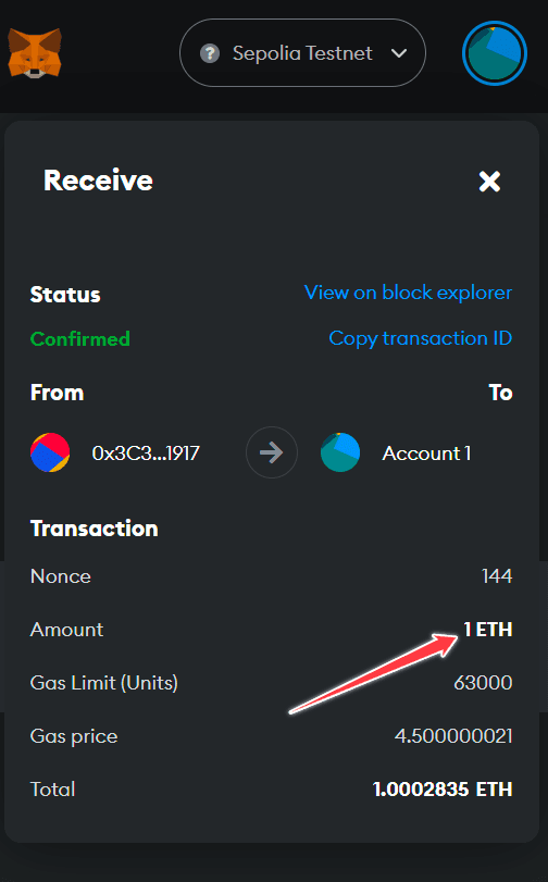 View Sepolia ETH in Metamask