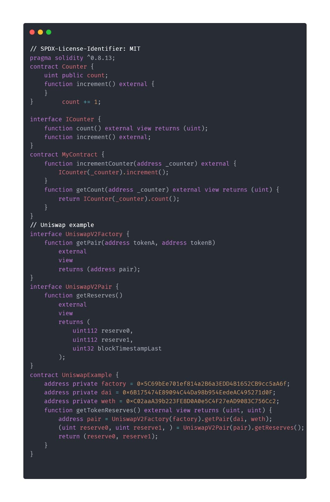 Full contract with interface declaration and implementation