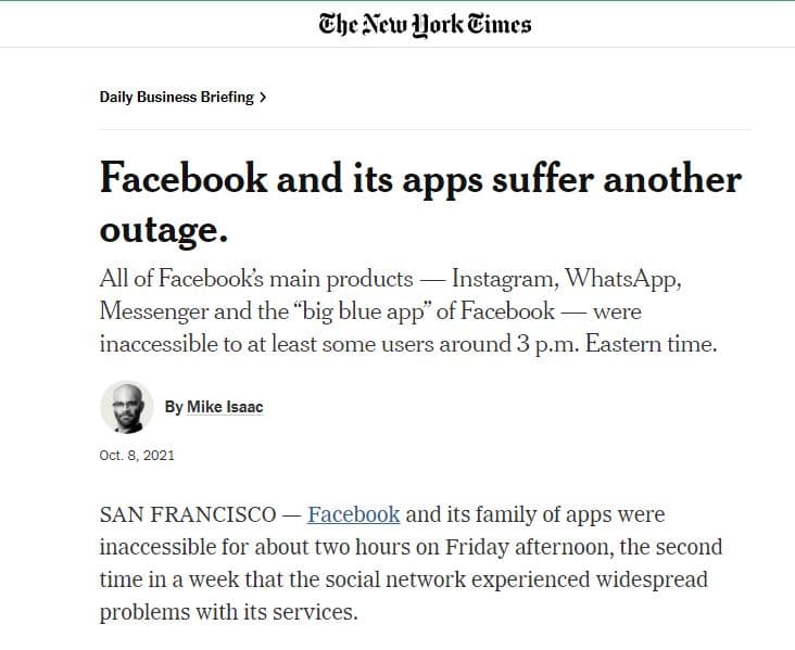 Facebook suffers outage - The New York Times