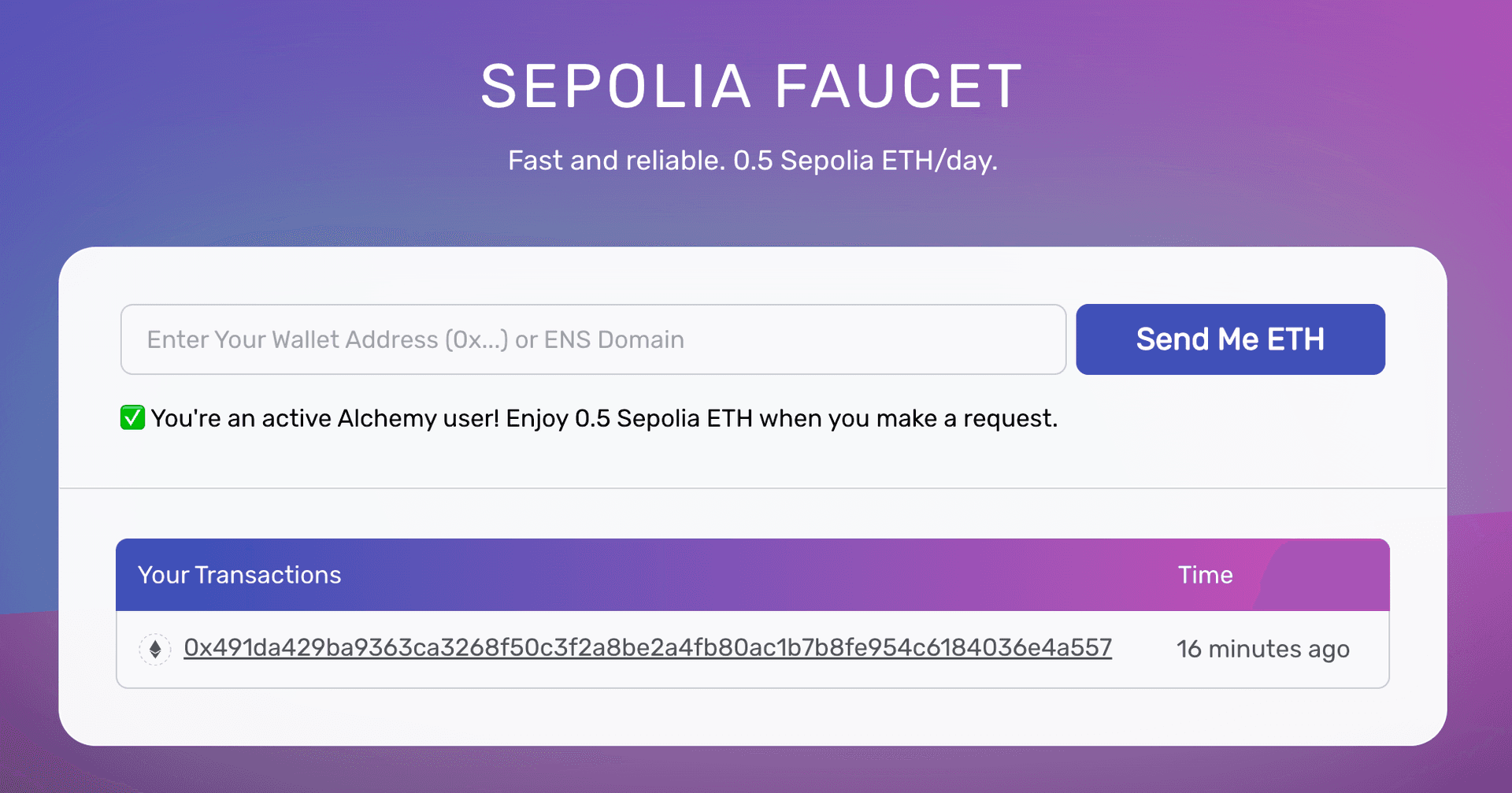 Sepolia faucet interface for getting free SepoliaETH