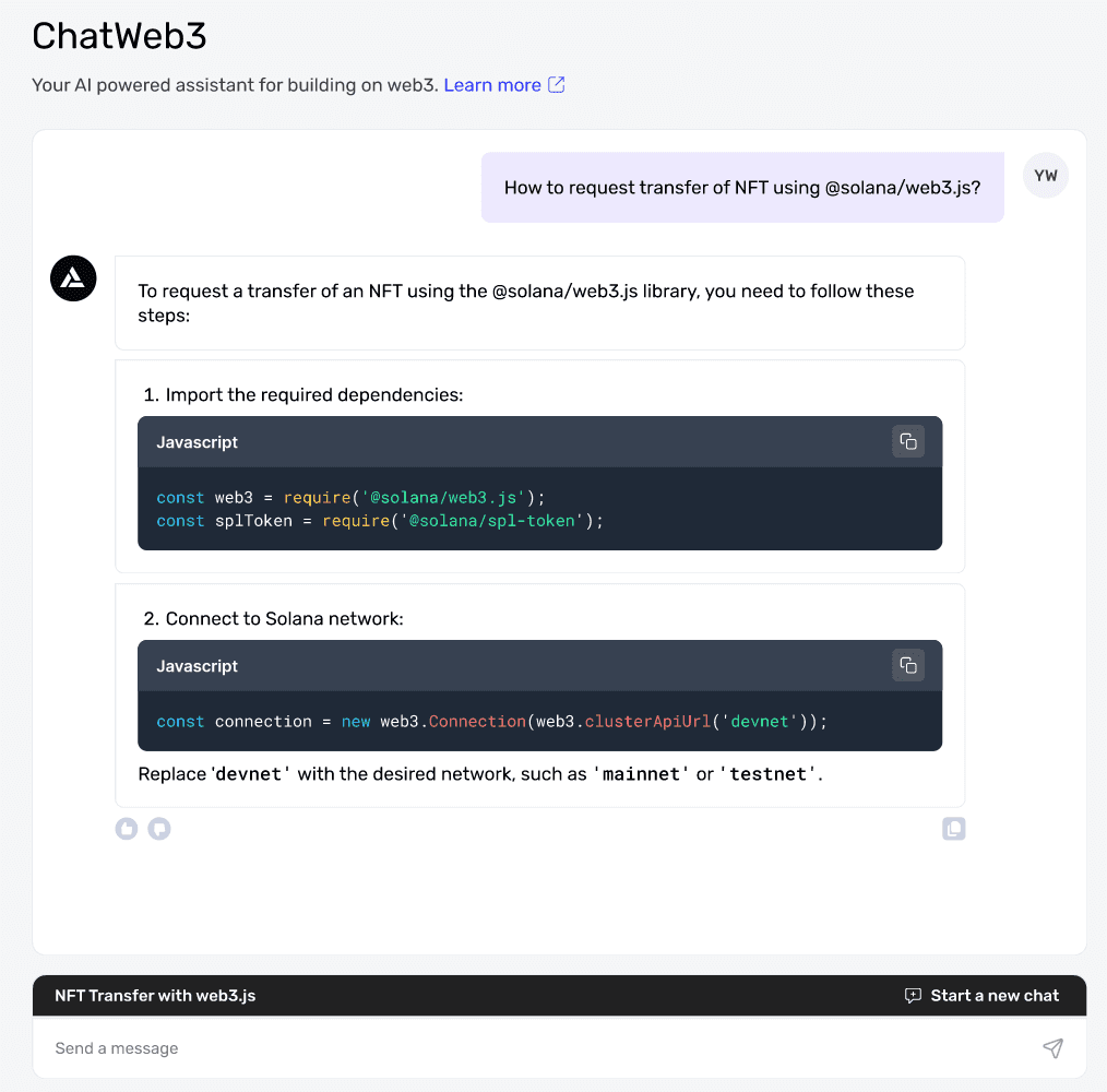 ChatWeb3 in the Alchemy Dashboard