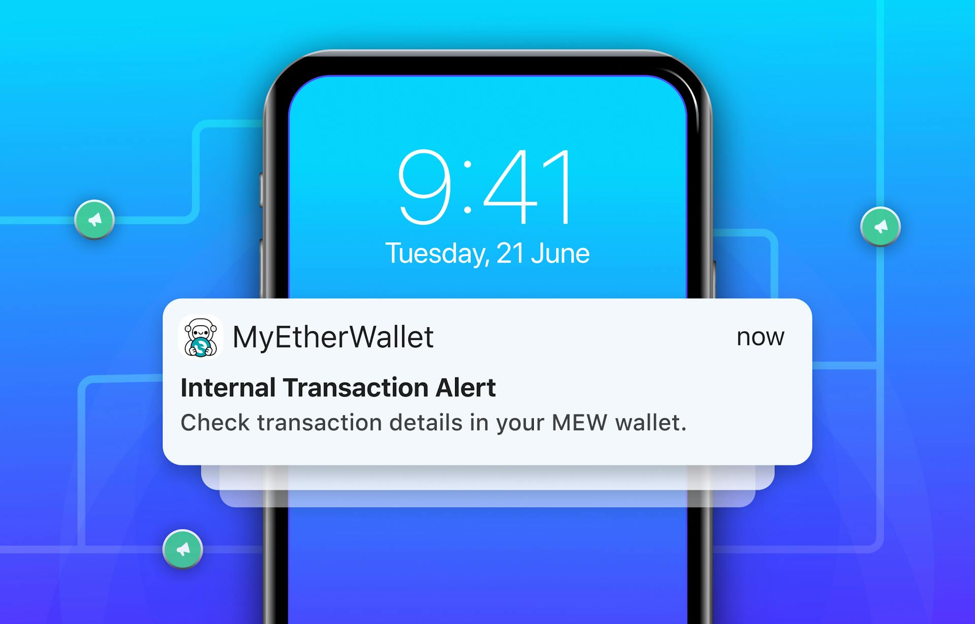 Illustration of user receiving push notifications on mobile for My Ether Wallet DApp.