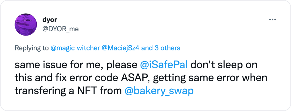 Error transferring NFT from Bakery swap