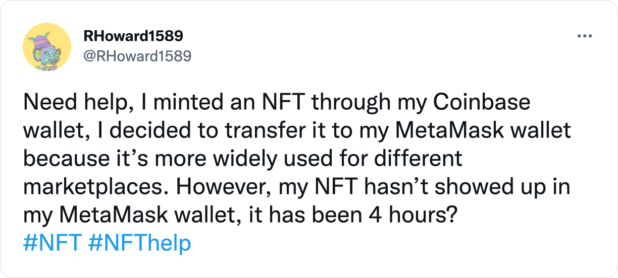 NFTs not showing up in user wallet after 4 hours